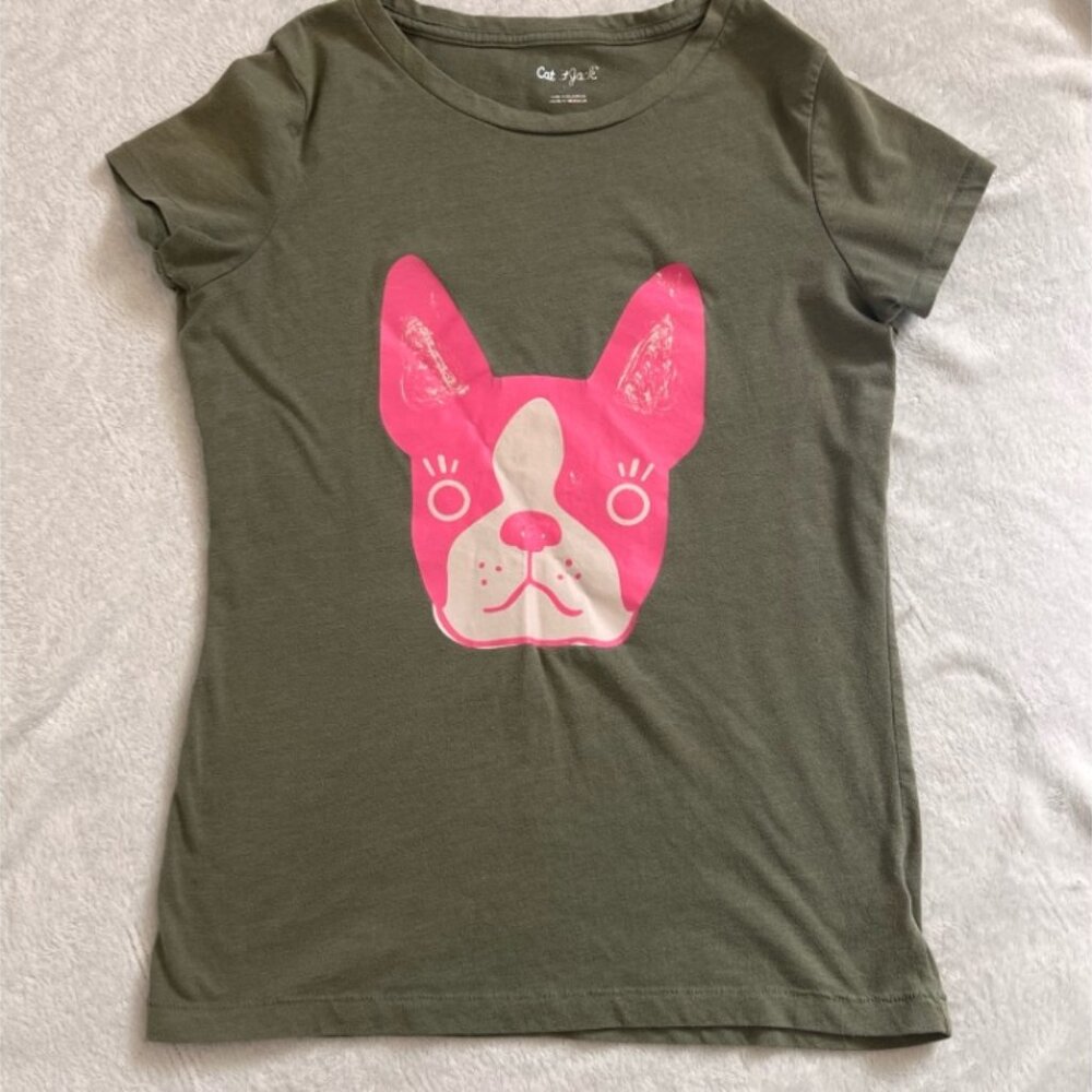 Cat & Jack Girls Olive Green Pink French Bulldog Graphic Tee XL 14/16